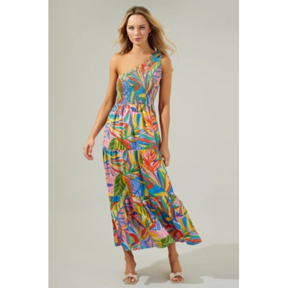 Sugarlips Dresses & Skirts - Sugarlips Shiloh One Shoulder Maxi Dress Smocked Tropical Size Small Tropical